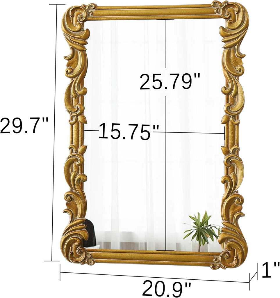 Antique Gold Baroque Mirrors for Wall Decor 30 X 21 Inch, Hanging Rectangular Wooden Frame Vintage Mirror