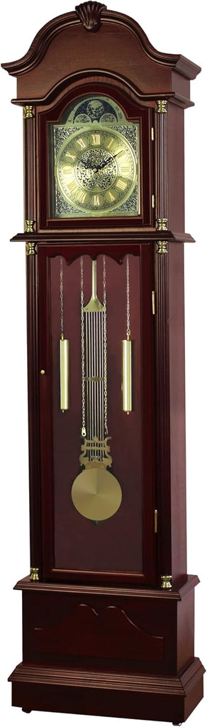 Grandfather Floor Clock, Cherry Finish, Pendulum with Gold Accents, Moon Phase Dial, 72 Inch Tall