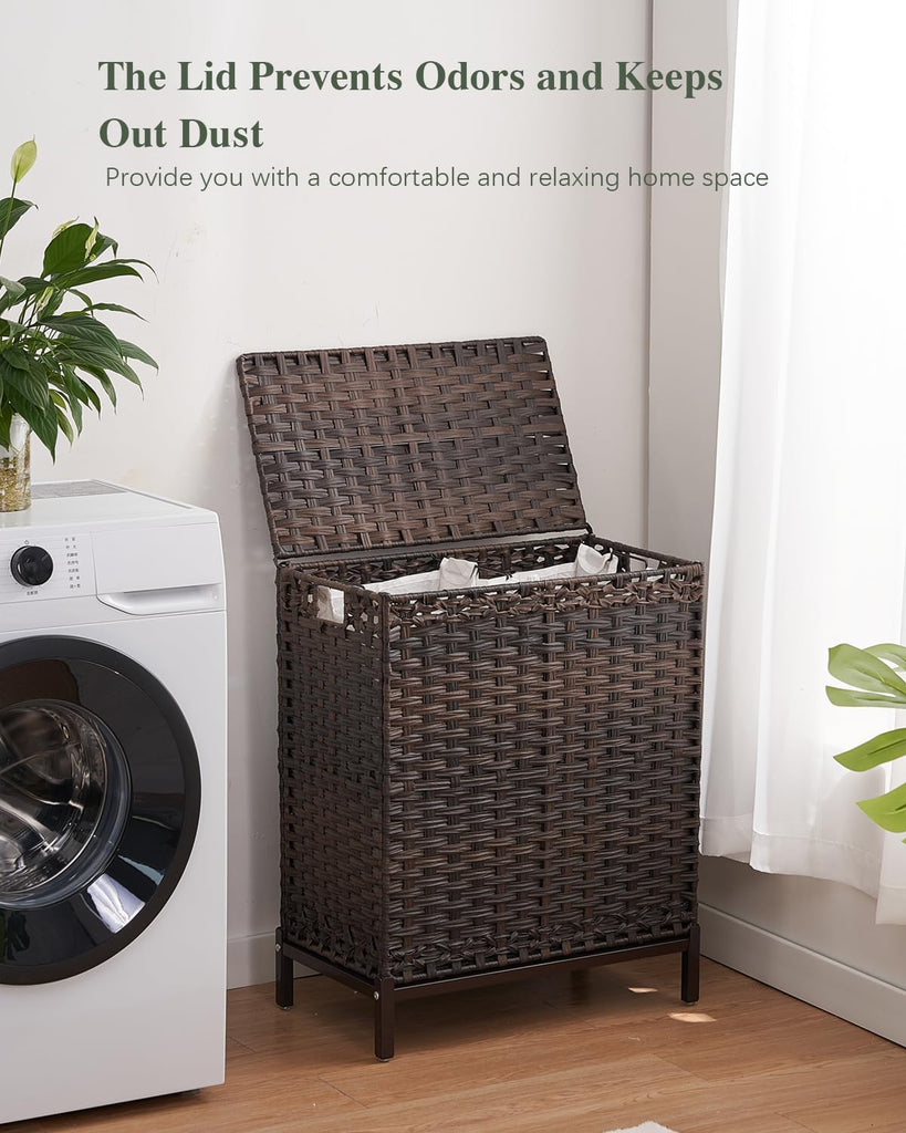 Laundry Hamper with Lid, 29.6 Gal 2-Bag Clothes Sorter, Brown | 112L 2-Section PE Rattan Hamper with Lid, Metal
