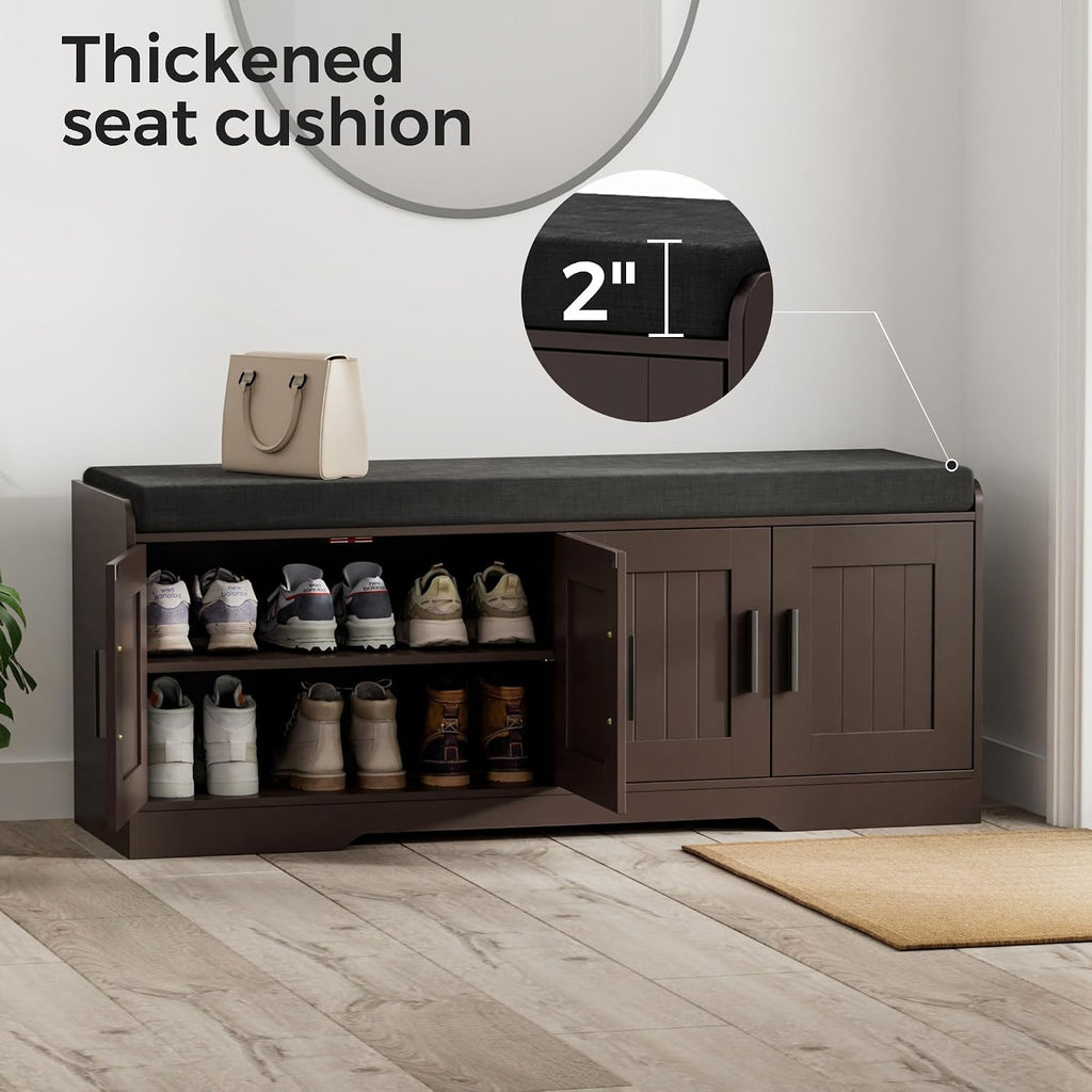 2-Tier Storage Bench, Shoe Bench with Thickened Padded Seat Cushion, Entryway Bench with 4 Doors, Adjustable Shelf