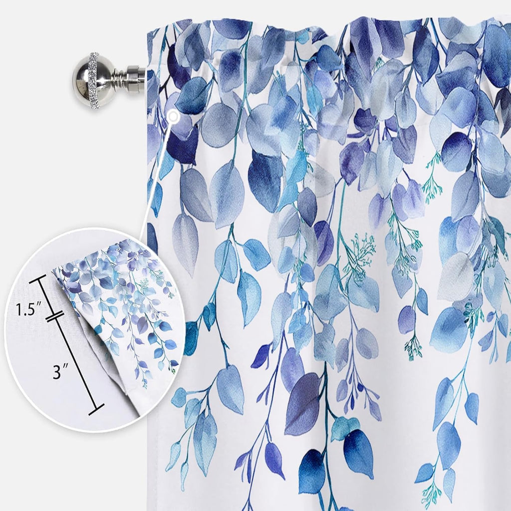 Valances for Windows Blue Eucalyptus Leaf Rod Pocket Cafe Window Treatments Valance Curtains for Kitchen Bathroom