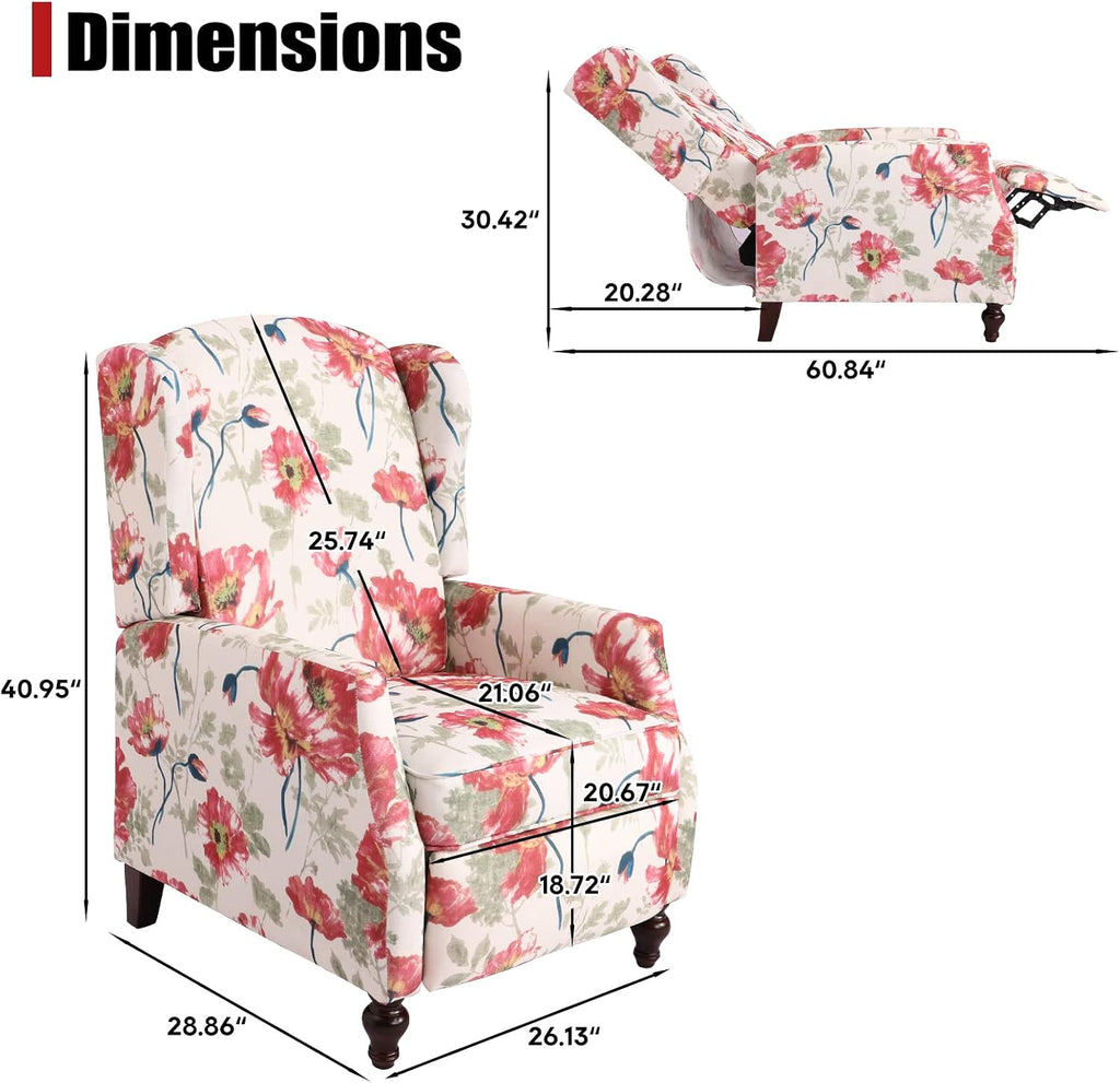 Upholstered Wingback Recliner Chair, Traditional Push Back Recliner Chair with Padded Seat, Fabric Floral Chair