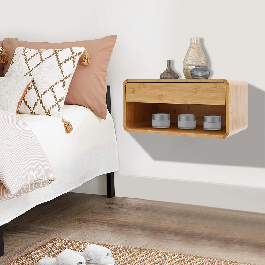 Bamboo Floating Nightstand with Storage Drawer, Wall Mounted Bedside Table End Tables with Open Shelf, Bedside
