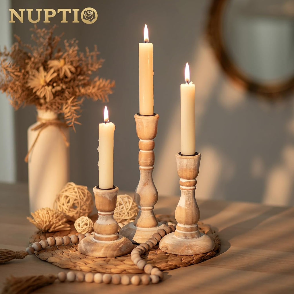 Rustic Candlestick Holders for Decor: Set of 6 Wood Taper Candles Holder - Vintage Candle Stick Tapered Holders for