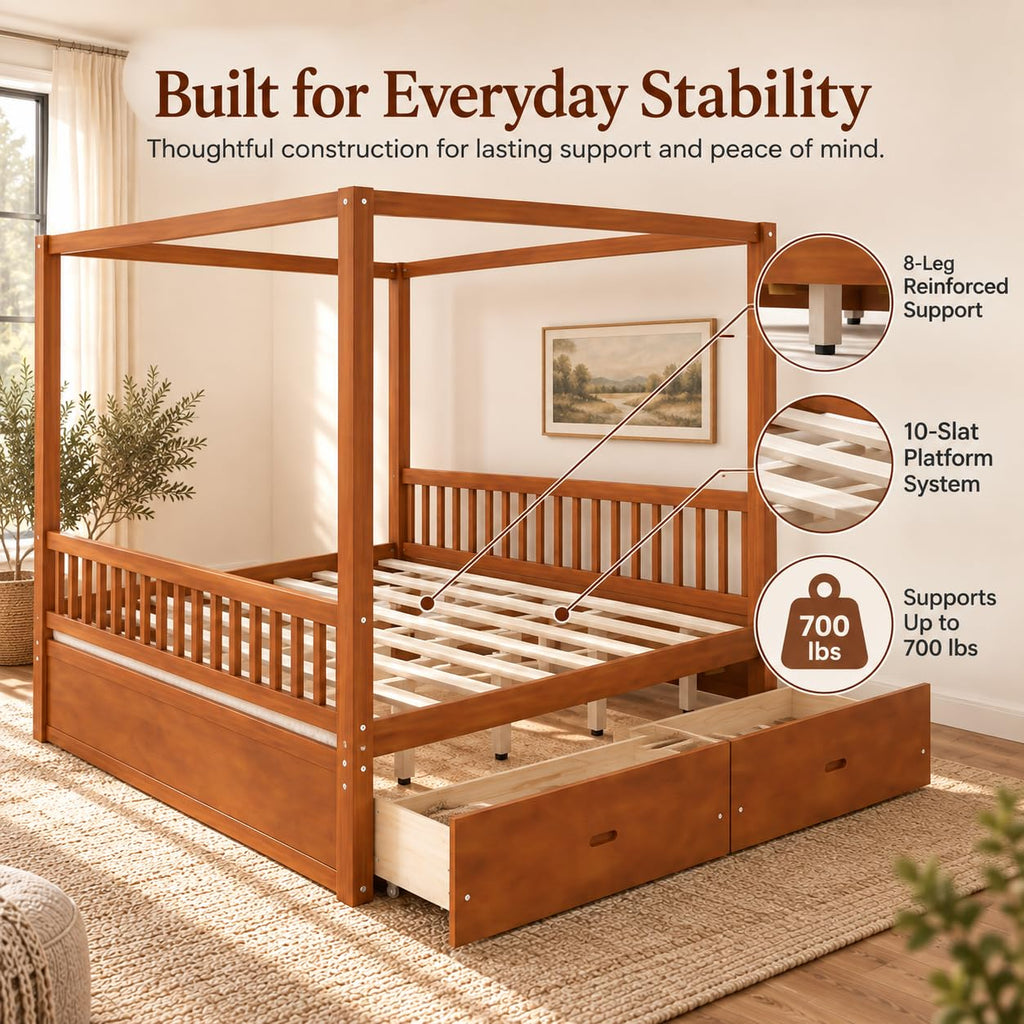 Queen Size Wood Canopy Bed Frame, Walnut Vintage Four-Posters Frames