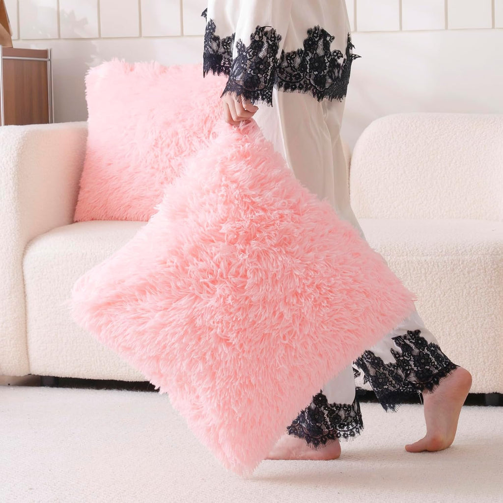 Faux Fur Pink Throw Pillow Covers, Fluffy Soft Fuzzy Decorative Pillow Cases Cute Pillowcases, Zipper Closure, Set of