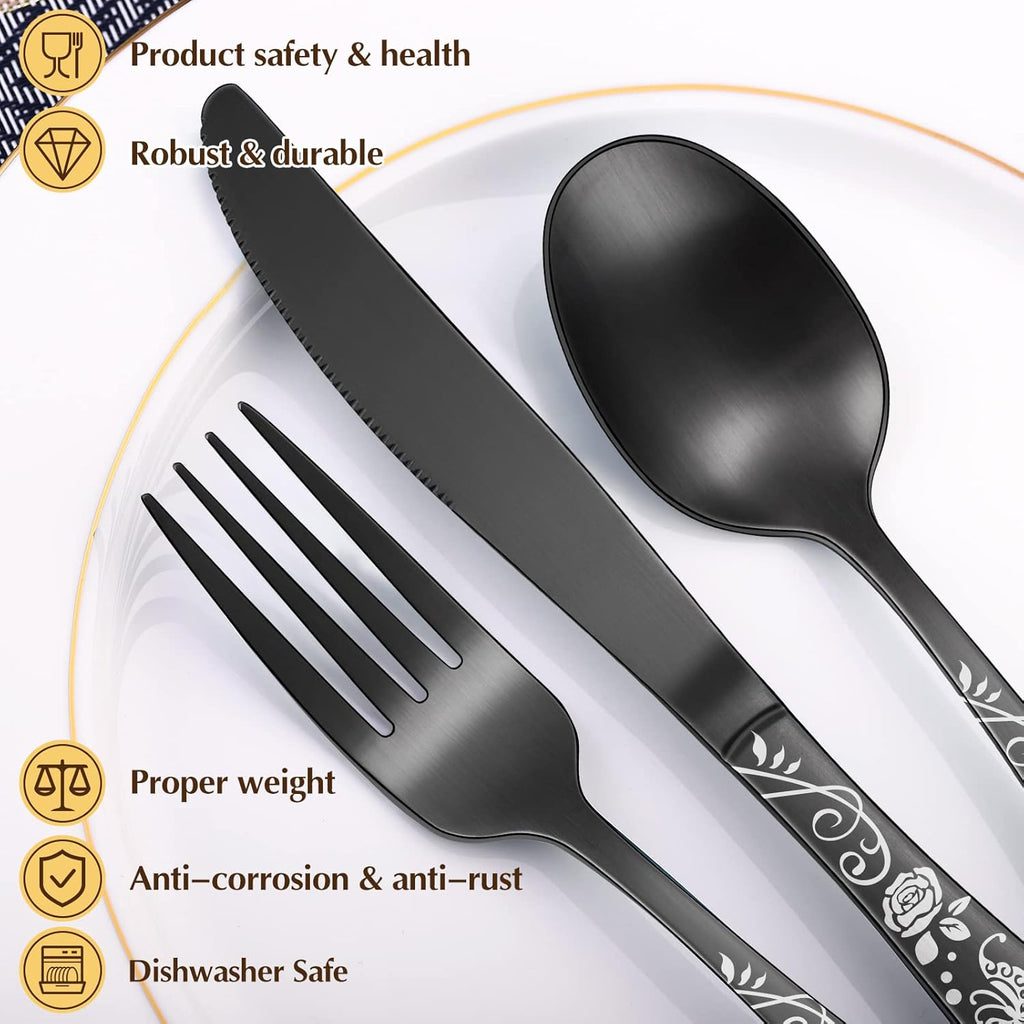 Matte Black Rose Flower Pattern Silverware Set for 8, 40-Piece Flatware set