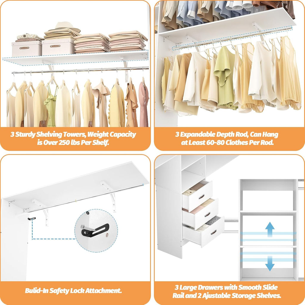 120 Inches Closet System, 10FT Walk In Closet Organizer with 3 Shelving Towers, Heavy Duty Clothes Rack with 3