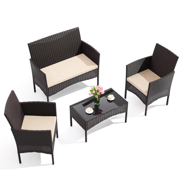 4 Pieces Patio Furniture Set, Wicker Outdoor Furniture with 2 Chairs 1 Loveseat 1 Glass Coffee Table