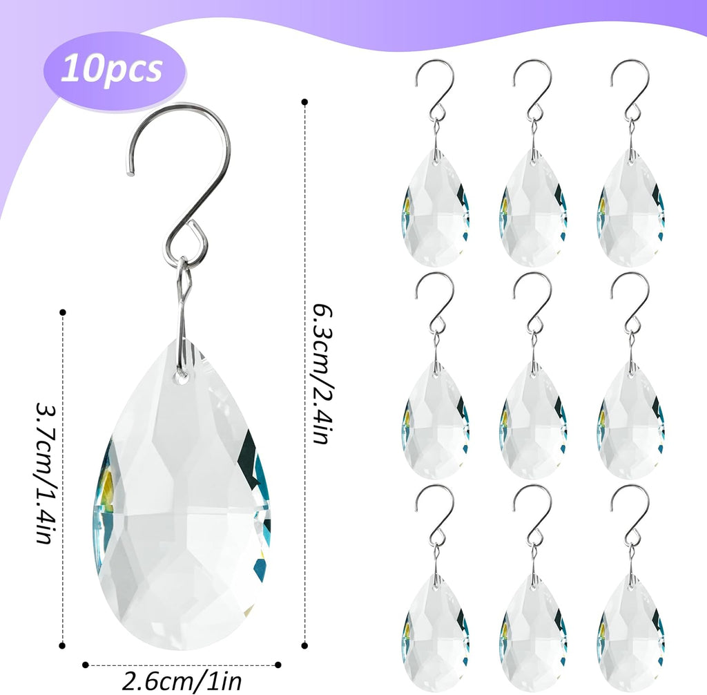 10pcs Crystal Sun Catcher, 38mm Hanging Clear Teardrops Chandelier Crystals Parts Prisms Pendants with Hook for