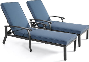 Chaise Lounge Chair Set of 2, Hand-Finished Wood Grain Cast Aluminum Reclining Loungers with Cushions, 5-Position