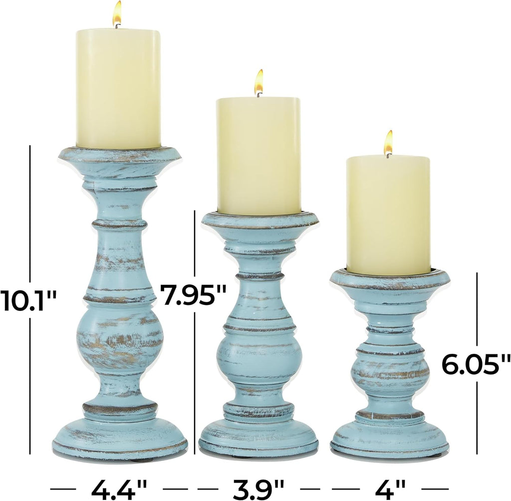 79 Mango Wood Decorative Candle Holder Distressed Turned Pillar Candle Stand, Set of 3 Candlestick Holder 6", 8"