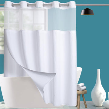 No Hook Waffle Weave Shower Curtain with Snap in Liner Set, Hotel Luxury White Shower Curtains with See Through Top