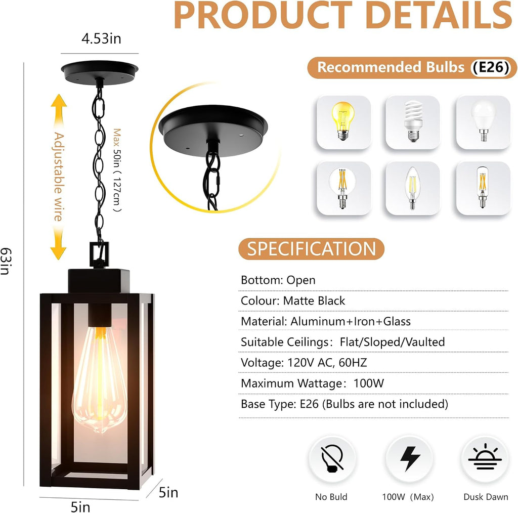 Outdoor Pendant Light Fixture Waterproof Outdoor Hanging Porch Light Anti-Rust Exterior Hanging Outdoor Lantern for Porch Yard Front Door Garage Balcony Patio Garden