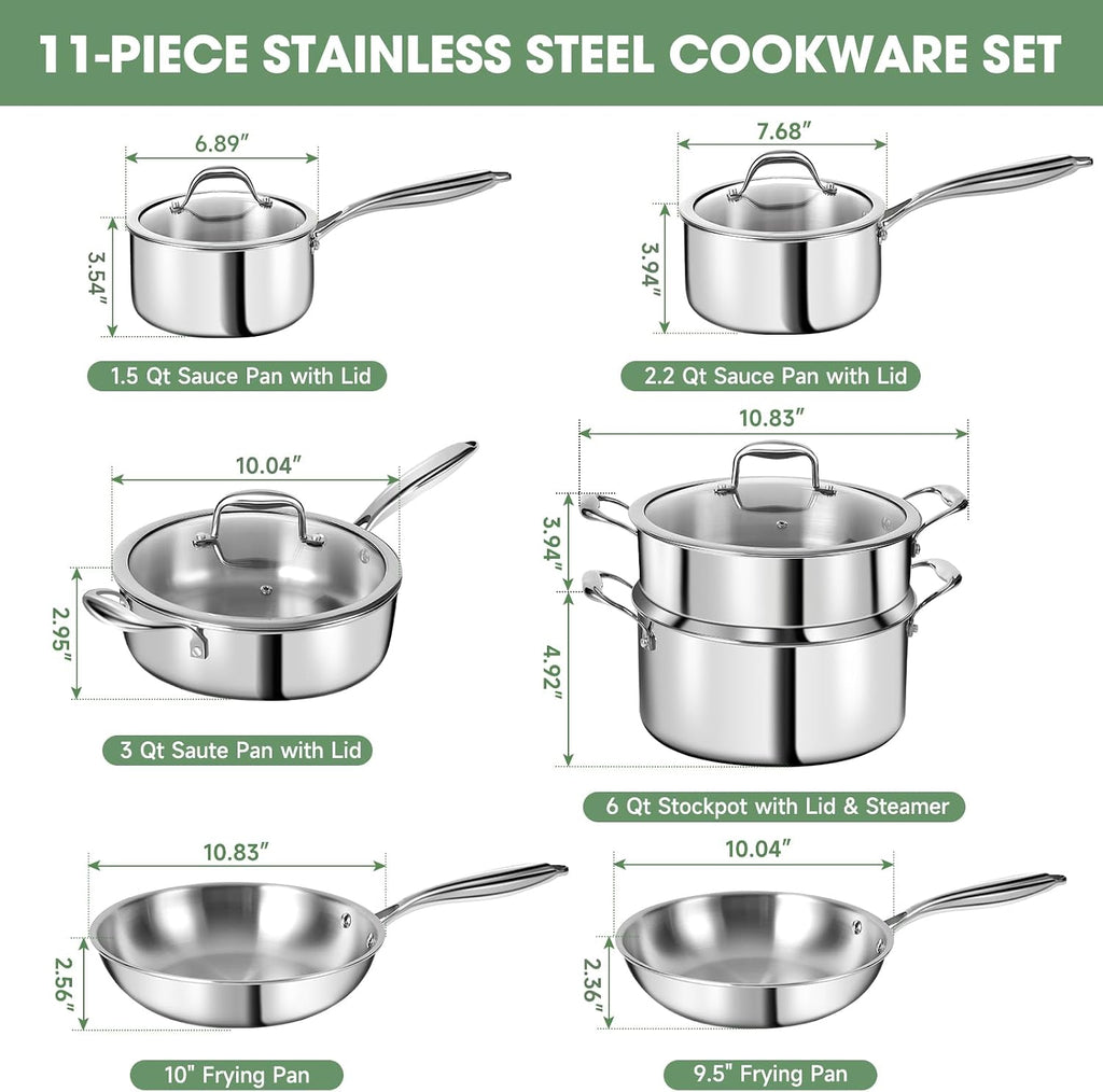 3 Ply Stainless Steel 11-Piece Cookware Set with Lids, Pots and Pans Kitchen Set, Non-Toxic, Induction, Oven