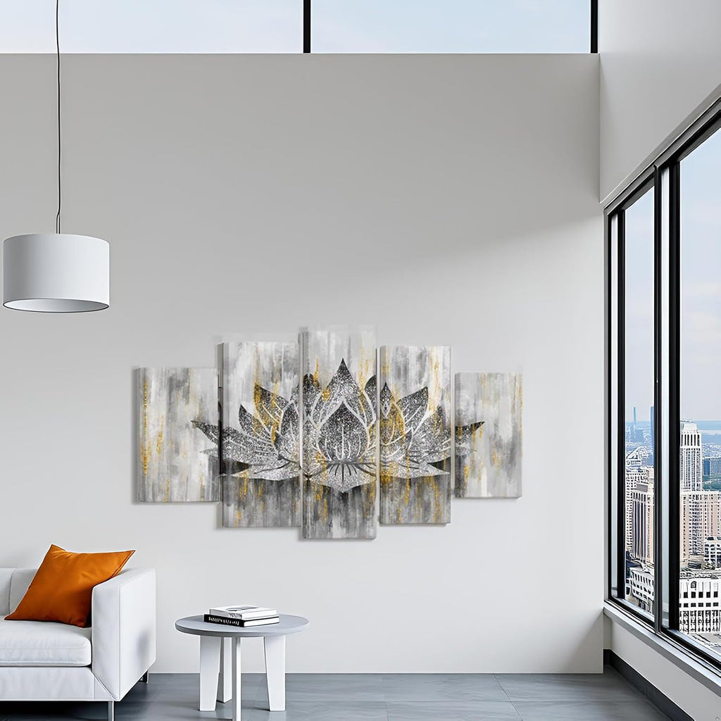 5 Panel Lotus Flower Wall Art Trendy Silver Golden Flower Painting Canvas Prints Zen Lotus Picture Artwork Yoga