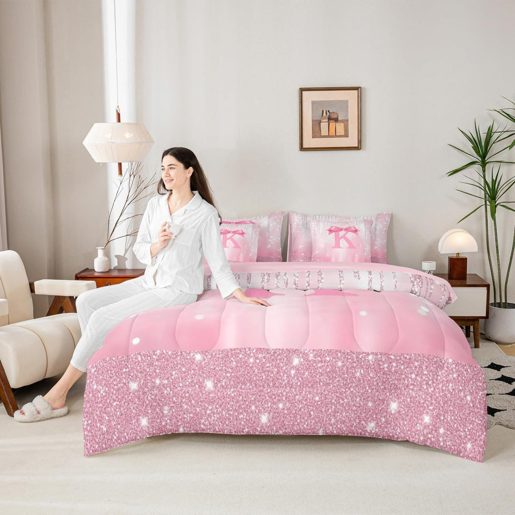 Kids Pink Bowknot 7 Pieces Bedding Set, Personalized Initial K Bed in A Bag Princess Glitter Comforter Set