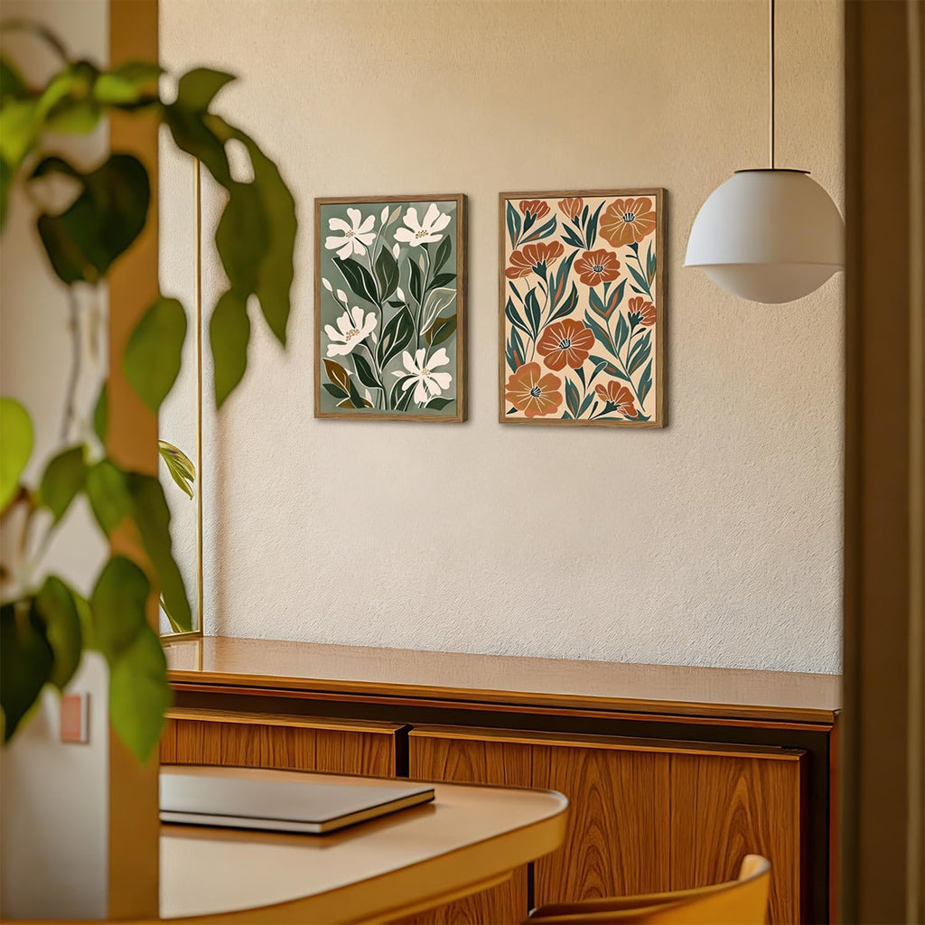 Framed Boho Floral 3 Piece Wall Art,Mid Century Modern Abstract Flower Pictures Wall Decor,Minimalist Botanical