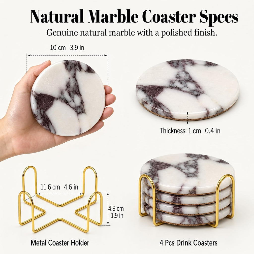 Coasters Natural Travertine Marble Coasters for Drinks Absorbent Stone with Holder Style Ceramic Drink - Set of 4