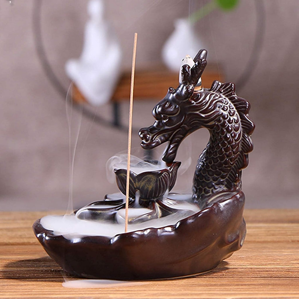 Dragon Incense Waterfall Burner Ceramic Backflow Incense Holder Set with Incense Cones and Incense Sticks, Dragon - Set of 95