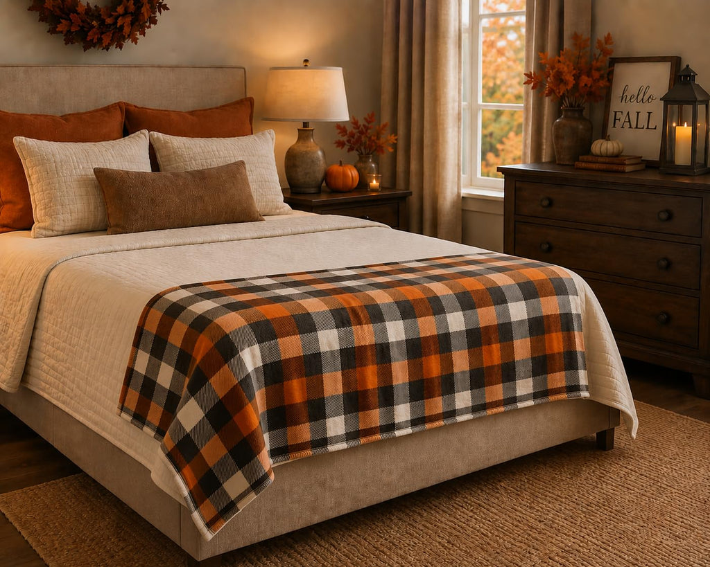Fall Soft Fleece Throw Blanket, Orange Black White Plaid, 50x70 Oversized