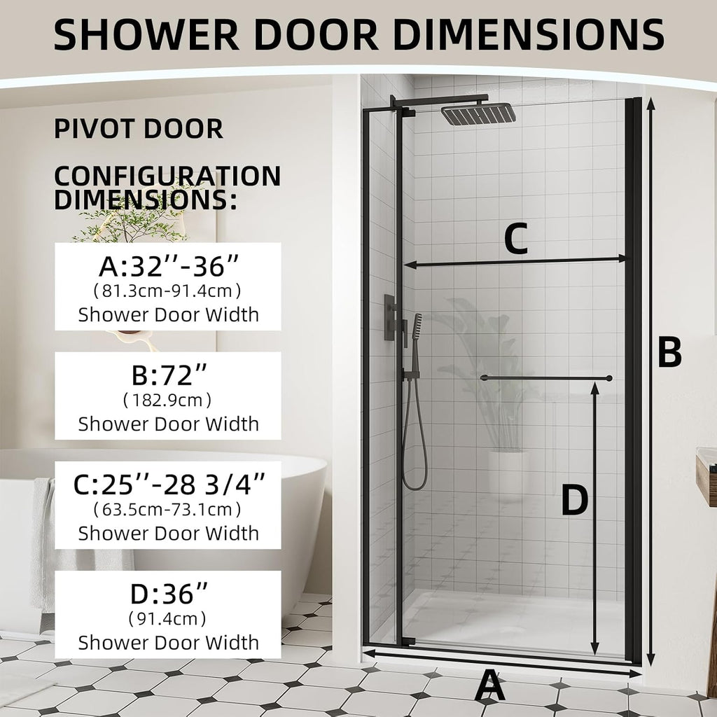 32-36" W x 72" H Frameless Pivot Shower Door