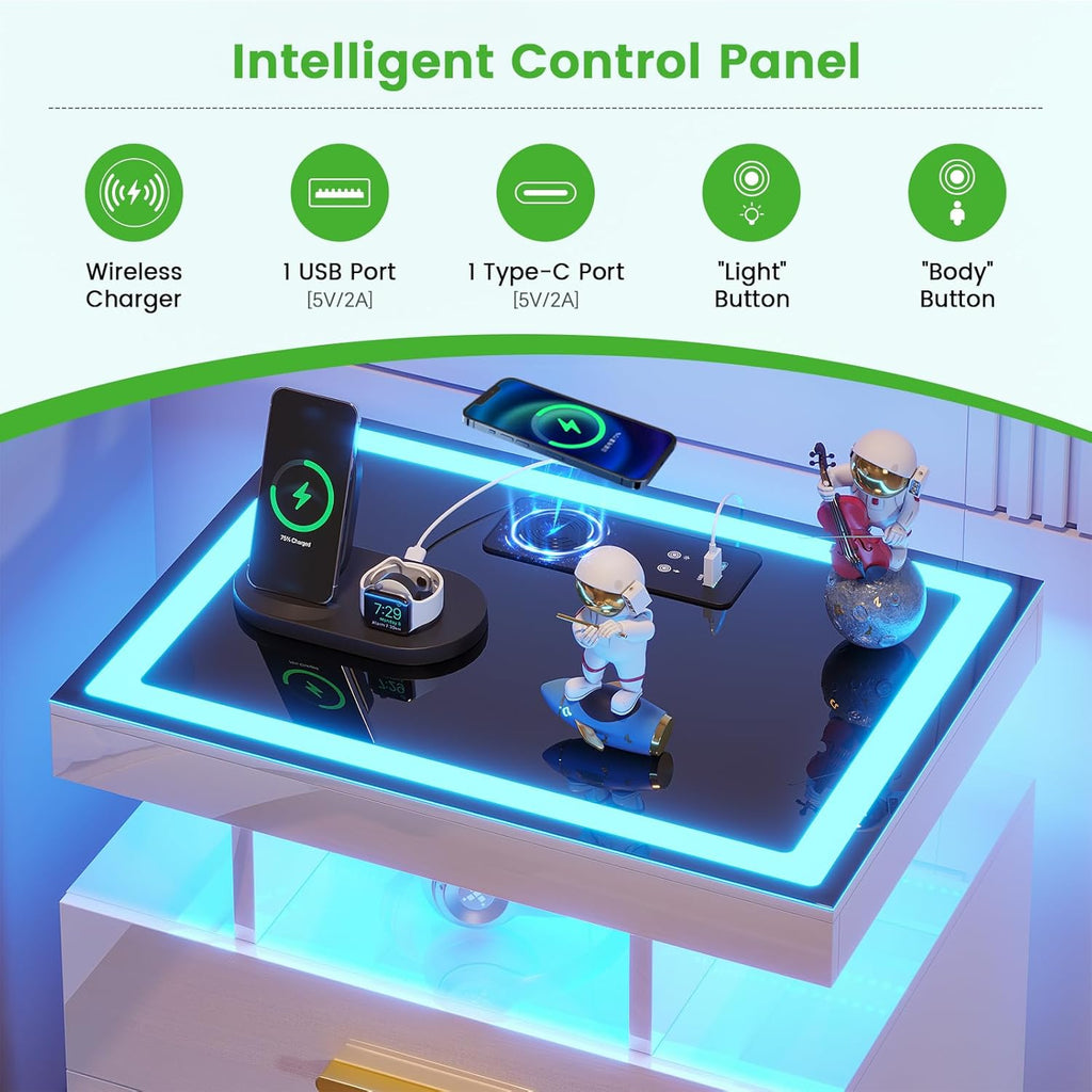 Night Stand Set 2 with LED Lights, High Gloss Nightstand with 3 Drawers,Wireless&USB&Type-C Charging Station,Smart