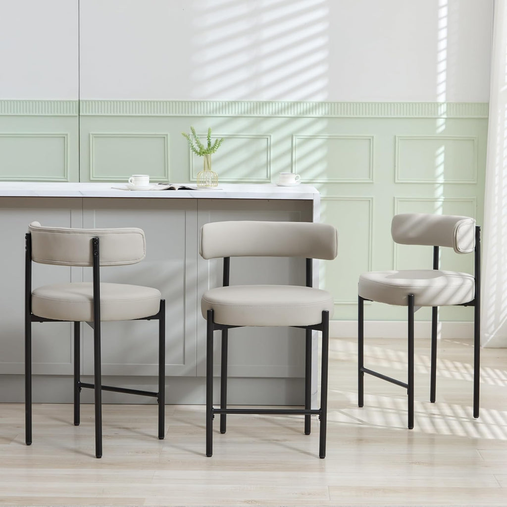 Counter Height Bar Stools Set of 3, 24'' Faux Leather Bar Stools with Back, Mid-Century Modern Bar Chairs