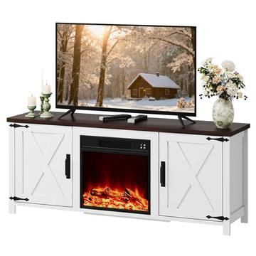 Fireplace TV Stand for 65 inch TV with X-Shaped Barn Doors, White