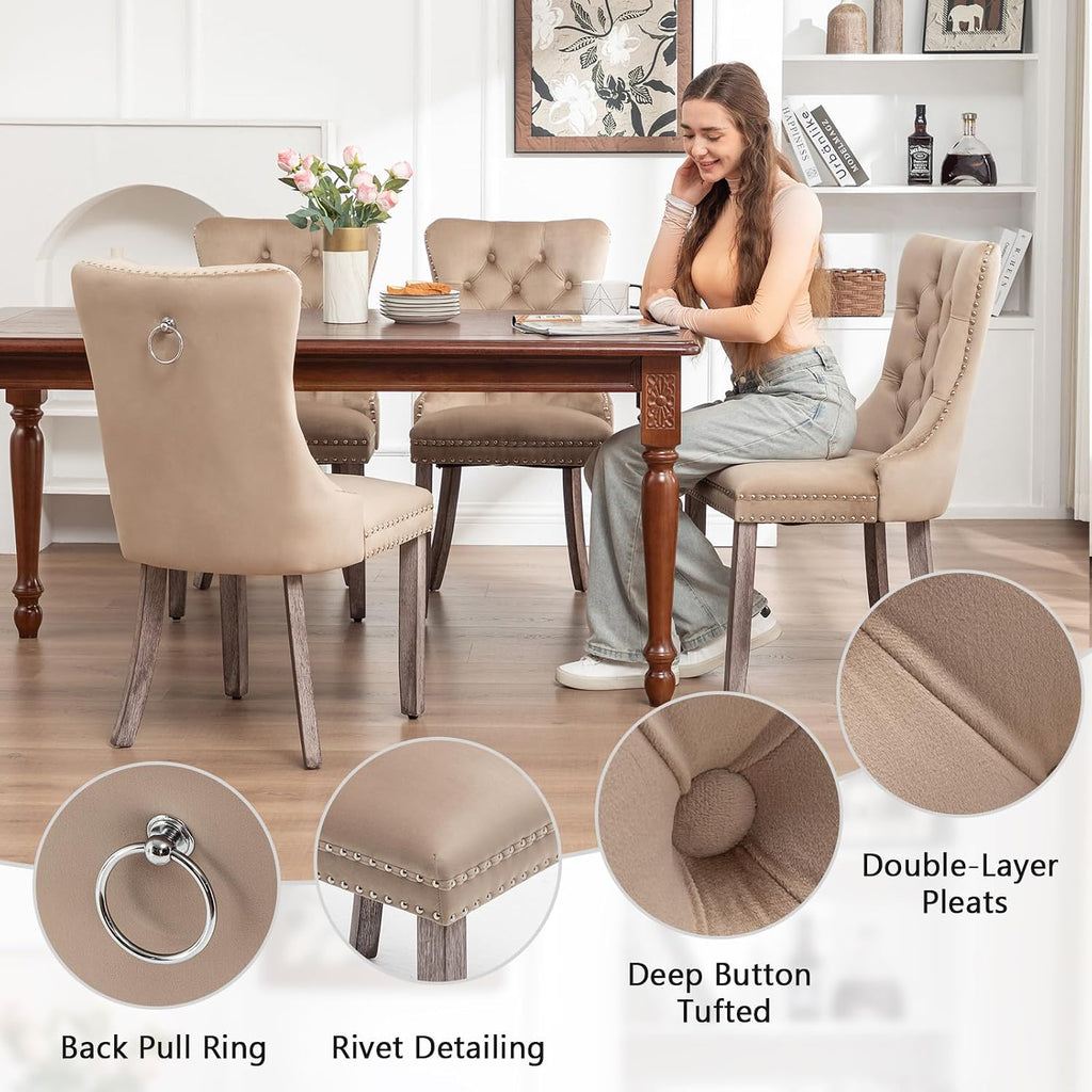 Velvet Dining Chairs Set of 6, Upholstered Dining Room Chairs with Nailhead Ring Pull Trim, Button Tufted Wing Back
