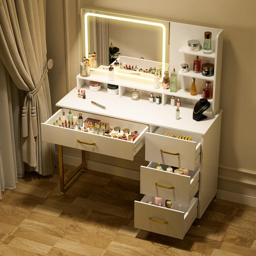 Vanity Desk with Mirror and Lights, Makeup Vanity Table with 4 Drawers & Storage Shelves, Large HD Mirror, 3 Color