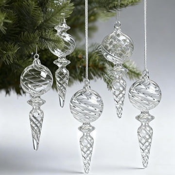 6-Inch Hand-Blown Glass Finial Christmas Tree Hanging Ornaments -Large Elegant Clear Glass Vintage Holiday - Set of 6