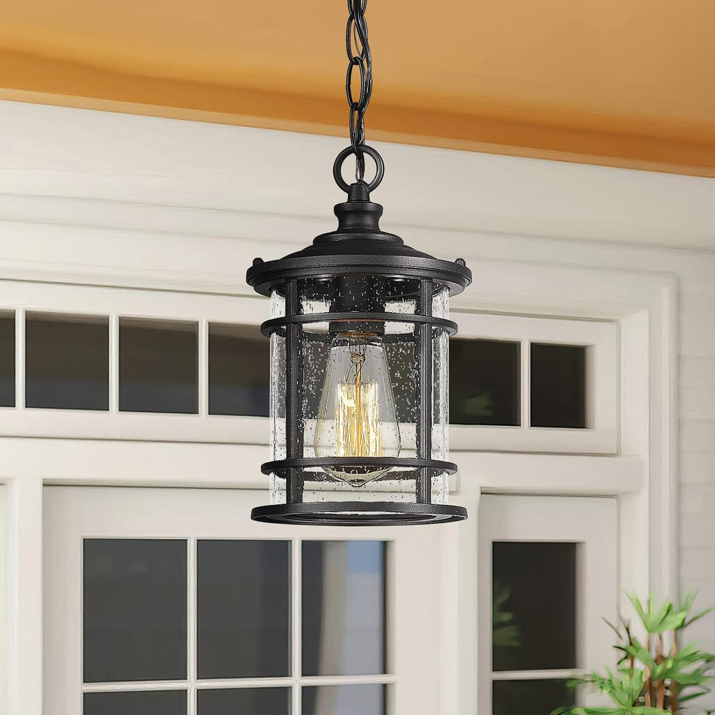 Modern Outdoor Pendant Light - Outdoor Hanging Porch Light with Seeded Glass Shade in Black Finish, BK