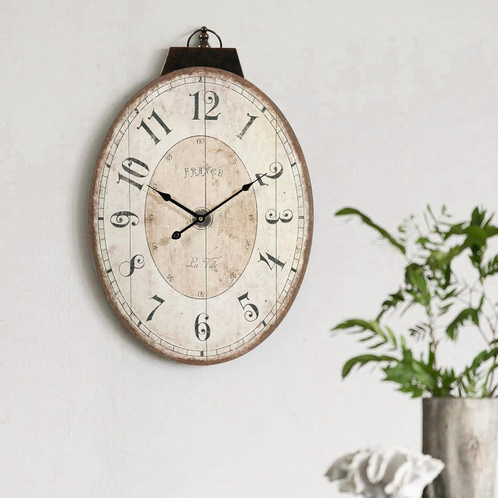 HOME Large French Country Oval Wall Clock for Living Room Decor, Rustic Farmhouse Wall Clock Decorative