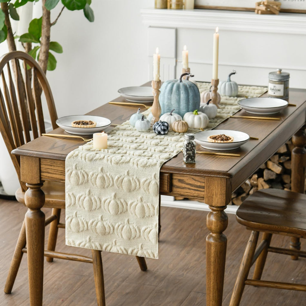 Beige Soft Faux Fur Pumpkins Fall Table Runner 13x72 Inch