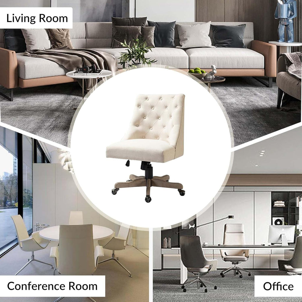 Modern Tufted Armless Home, Comfy Upholstered Desk Chair with Vintage Wood Base, Height Adjustable Swivel Computer