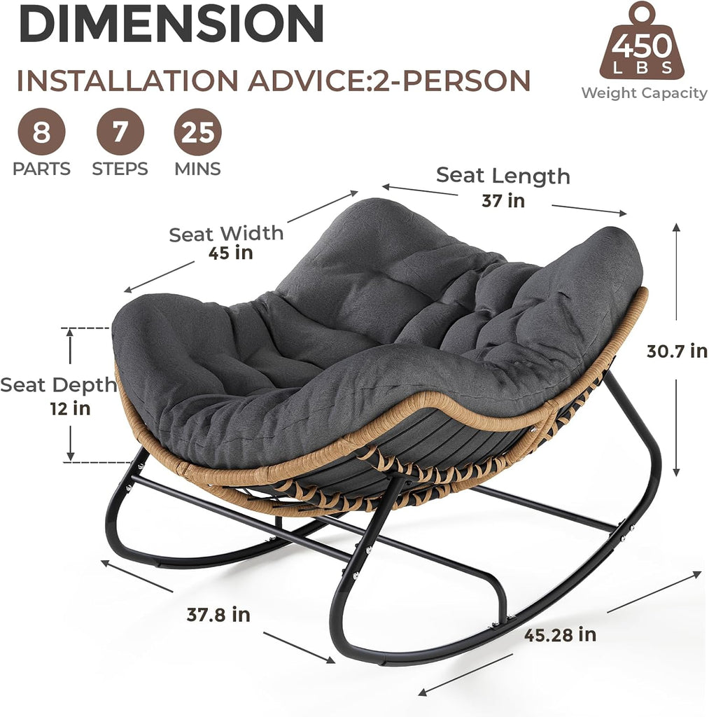 Papasan Rocking Chair Outdoor, Oversized Patio Egg Chair with Thick Cushion, Indoor Wicker Lounge Rocker Bed for