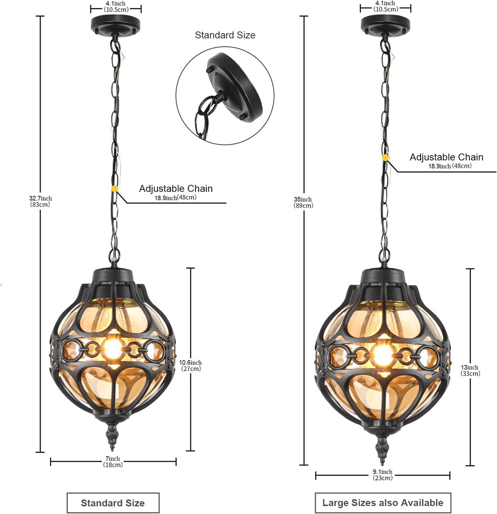 Globe Outdoor Pendant Lights for Porch Patio Garage, Matte Black Aluminum Anti-Rust Hanging Light Fixture