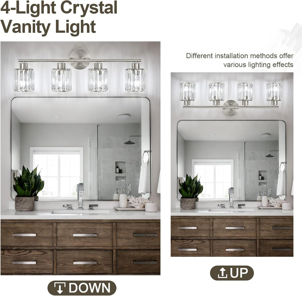 Modern Brushed Nickel Crystal Bathroom Light Fixtures,4-Light | Bathroom Lighting Fixtures over Mirror,Vanity Lights