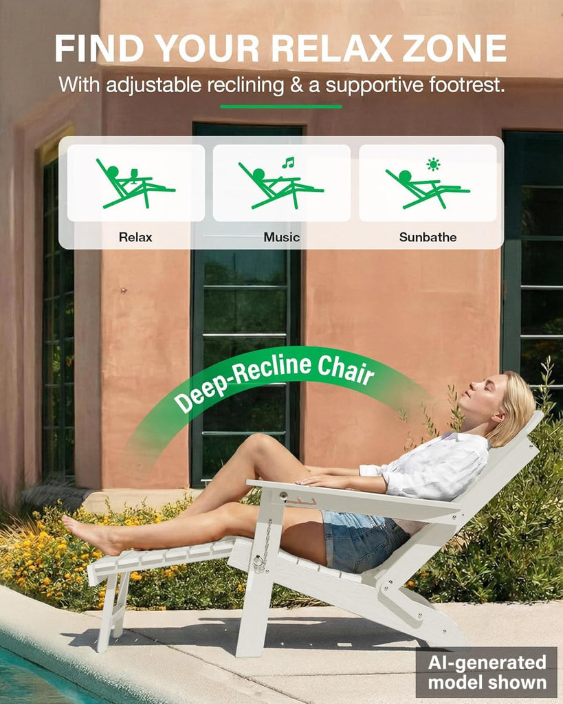 Adirondack Chairs with Footrest, HDPE Adirondack Chair, White | Folding Adirondack Chair, Adjustable Backrest