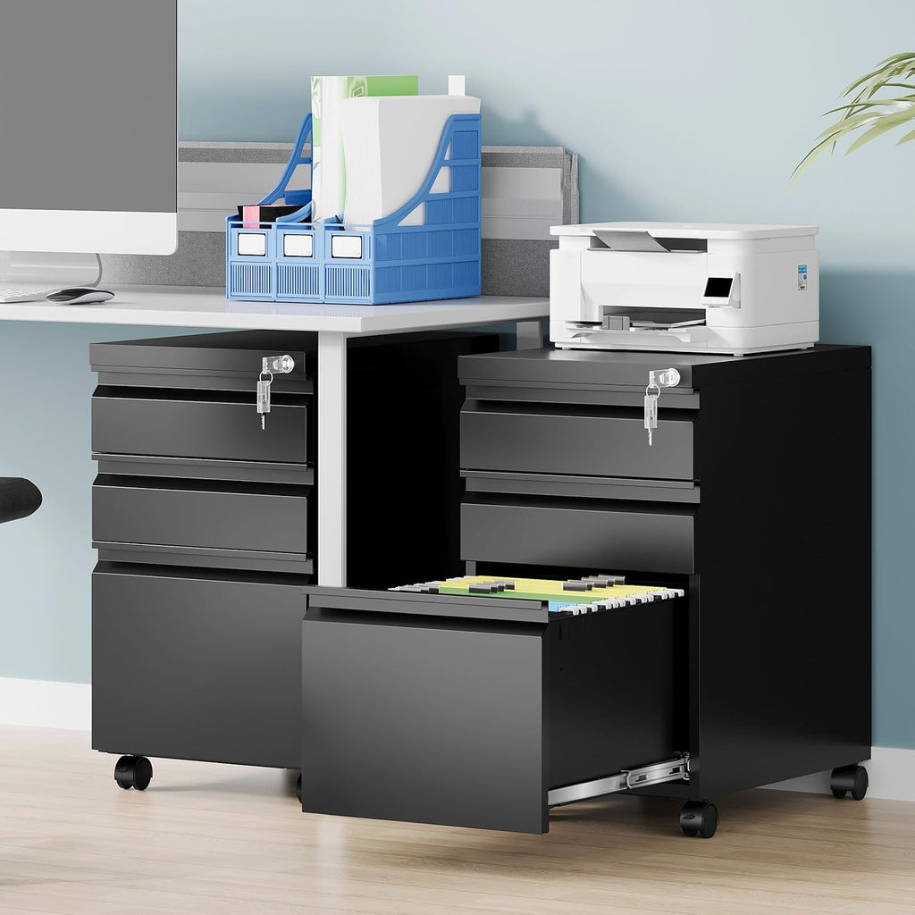 3 Drawer Mobile File Cabinet with Lock, Rolling Filing Cabinets , Under Desk Small File Cabinet Three Drawers for