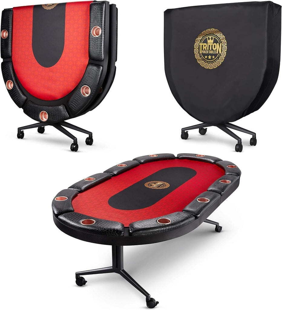 Triton Premium Foldable Poker Table with 10 Chairs - Soft-Padded Armrest, Individual Cup Holders, Portable Mat