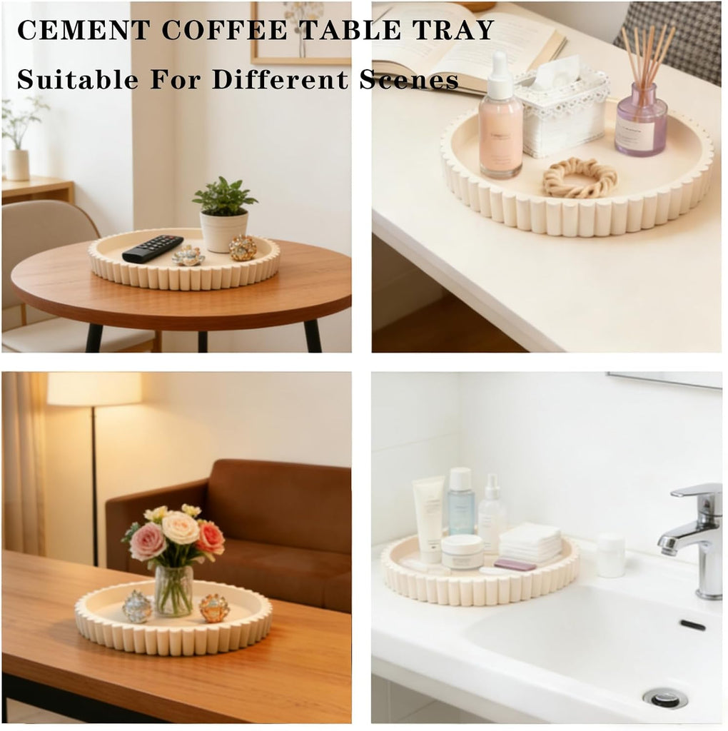 Coffee Table Tray, Large 13"×9.5" Oval Fluted Concrete Tray, Cream Decorative Serving Tray, Home Décor Accent for