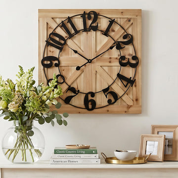 24 Inch Large Square Wood Wall Clock - Rustic Farmhouse Wall Decor, Silent Non-Ticking Battery Operated Clock with