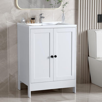 Bathroom Vanity with Ceramic Sink, 24 Inch White Bathroom Sink Cabinet Combo, Restroom Basin Cabinet with 2 Doors,Modern Lavatory Laundry Room Freestanding Organizer w/4-Tier-Hidden Storage