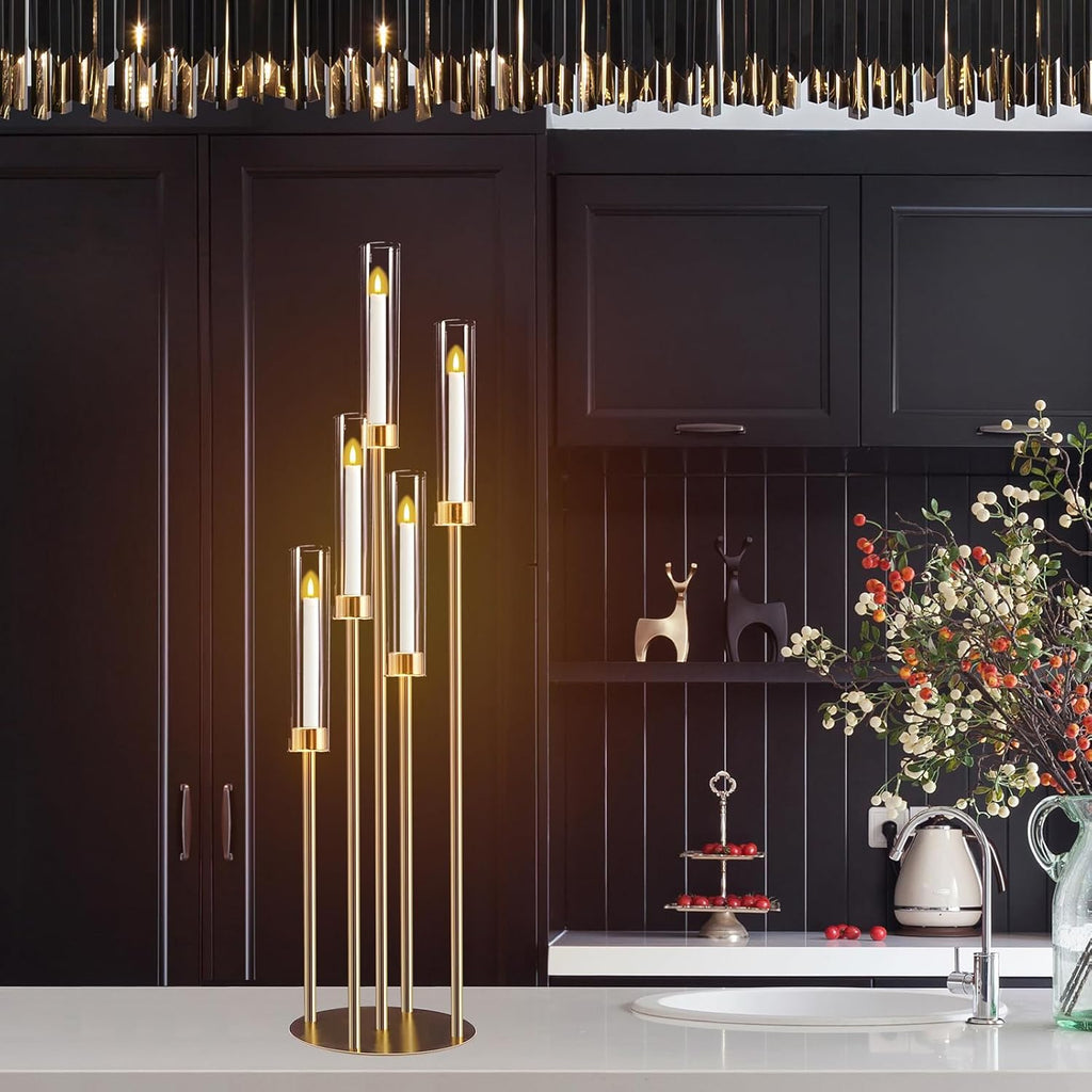 Gold 5-Arm Metal Cluster Taper Candelabra Candle Holders Includes Led Candles & Remote Control, Votive Pillar Candle