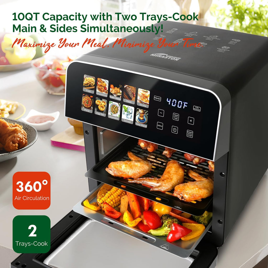 10QT Air Fryer Toaster Oven Combo with 10 Presets, Family Size Compact Oven for Roasting Whole Chicken/Double Cooking