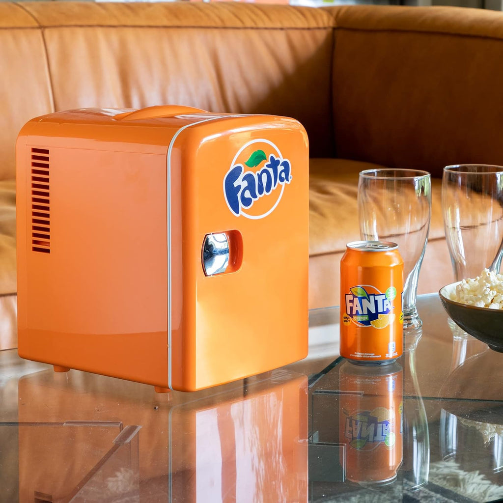 Fanta Mini Fridge - 6 Can Refrigerator for Bedroom Office, Portable Table Top Beverage Cooler, 12V 110V Refrigerador
