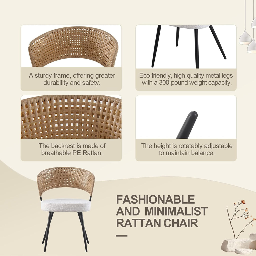 Rattan Dining Chairs Set of 4, Wicker Dining Chairs Set of 4 with PE Rattan Back,Wing Back Kitchen Chair with Boucle