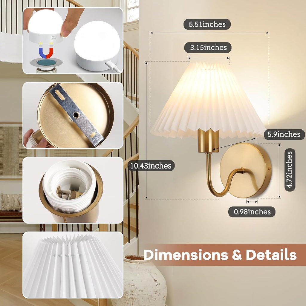 Wireless Wall Sconce Sets of 2, Pleated Shades Rechargeable Battery Operated Wall Sconce, Retro gooseneck Gold Wall